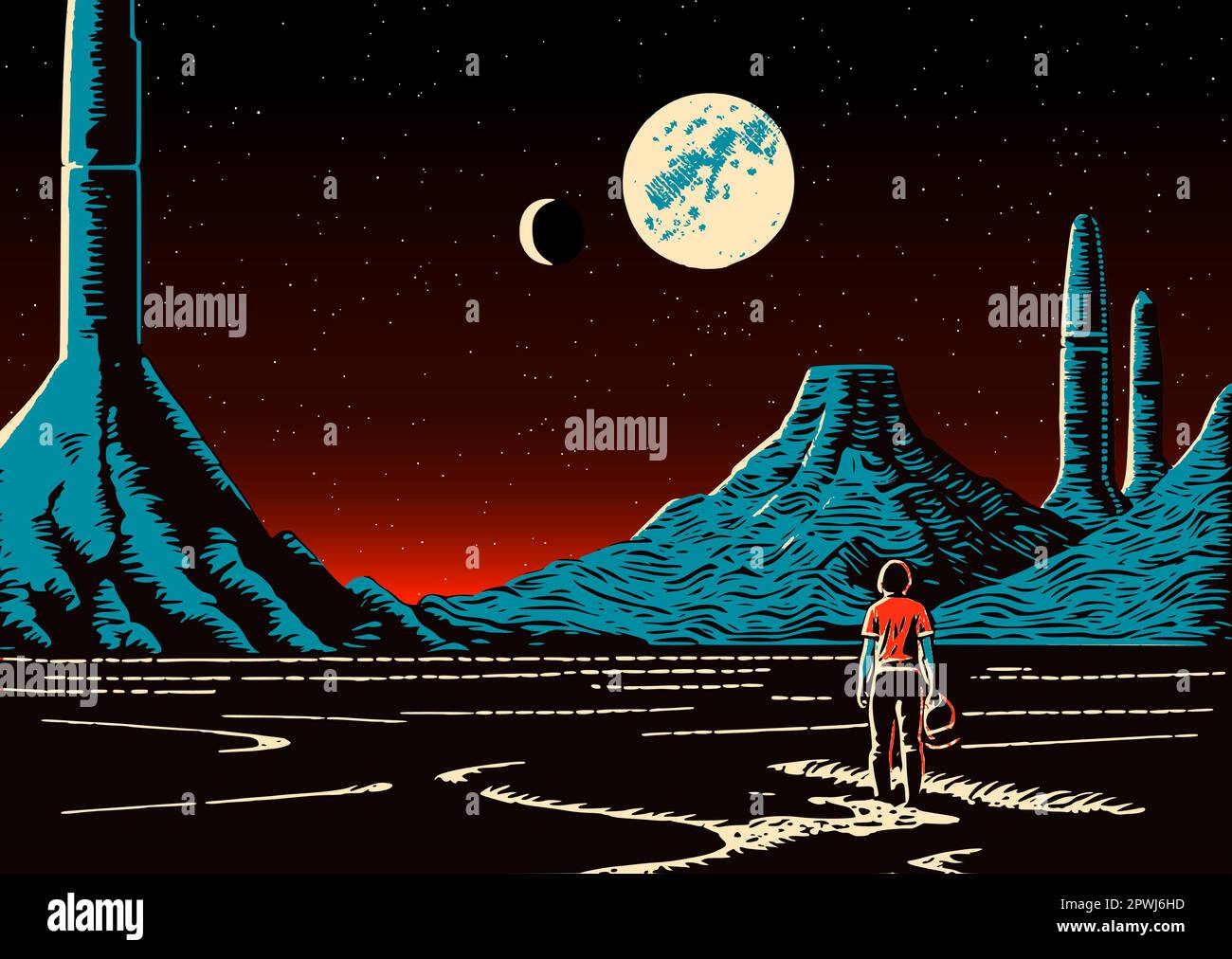 Paysage avec l'homme regardant l'horizon avec des montagnes, scène de science-fiction sur un plan lointain avec lune. Paysage futuriste rétro dans le style de l'ère atomique 80s. Illustration de Vecteur