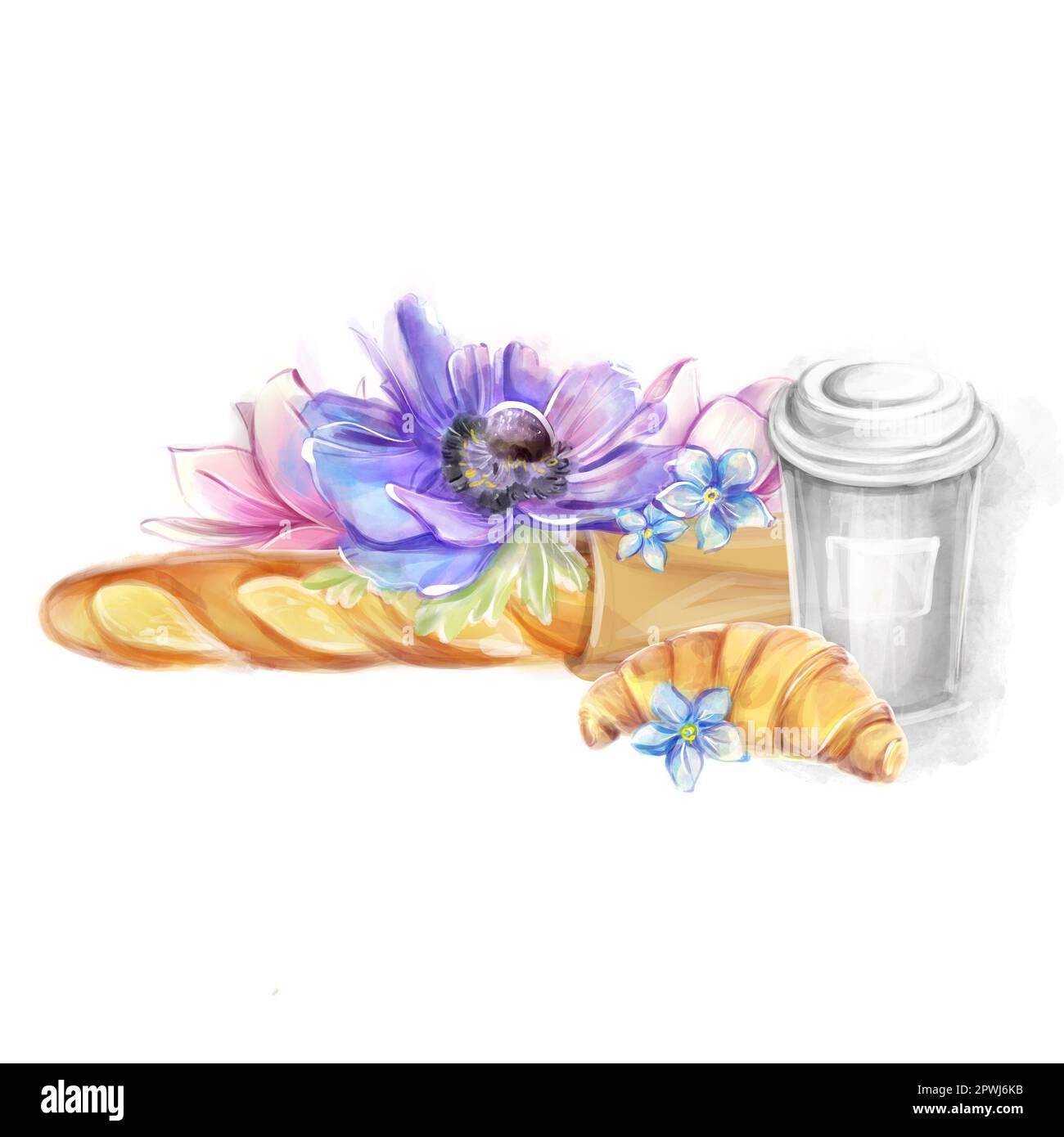 Baguette française, croissant et café. Illustration aquarelle. Logo pour une boulangerie. Banque D'Images