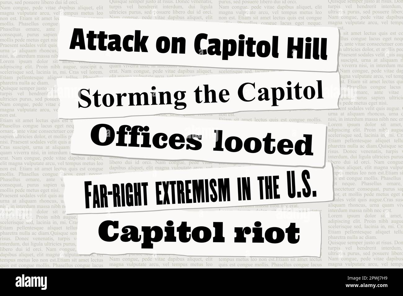 Les gros titres de l'ACTUALITÉ DE L'ATTAQUE du Capitole. Coupures de presse sur les tempêtes de Capitol Hill et de Capitol Riot. Illustration de Vecteur