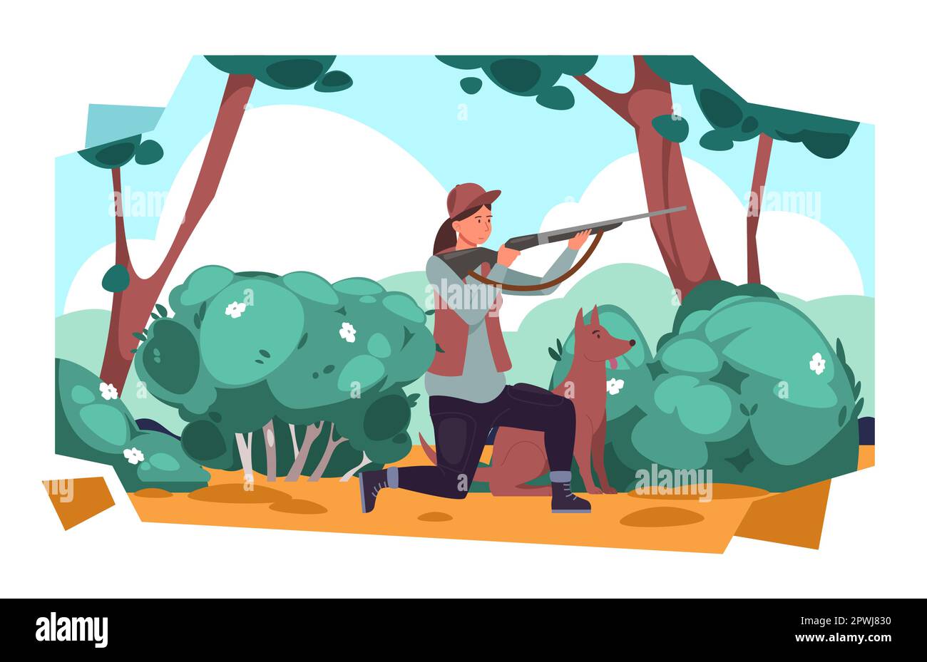 Personnage Hunter. Caricature femelle avec arme de pointage pour chien de chasse. Vecteur de femme avec arme avec illustration de chien Illustration de Vecteur