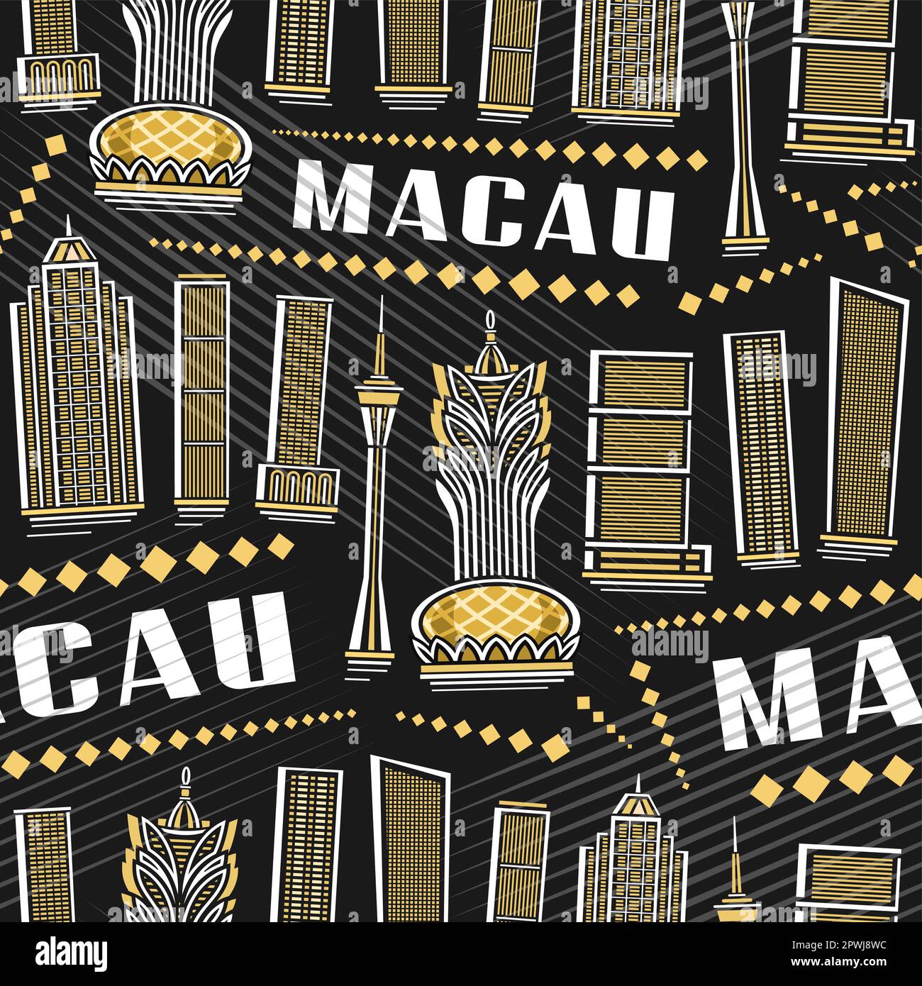 Vector Macau Seamless Pattern, fond carré répétitif avec illustration du célèbre paysage asiatique de la ville de macao sur fond de crépuscule pour papier d'emballage, d Illustration de Vecteur