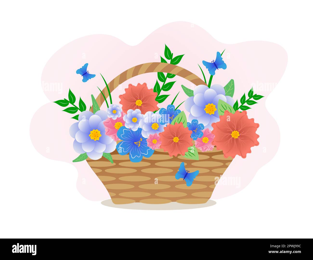 Bouquet de fleurs pour la Fête des mères, vecteur avec différentes fleurs dans un panier et papillons. Illustration de Vecteur