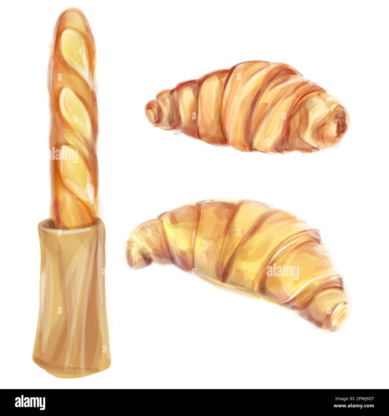 Illustration aquarelle. Boulangerie, pâtisseries, baguette française et croissants, nécessaire à dessin. Banque D'Images