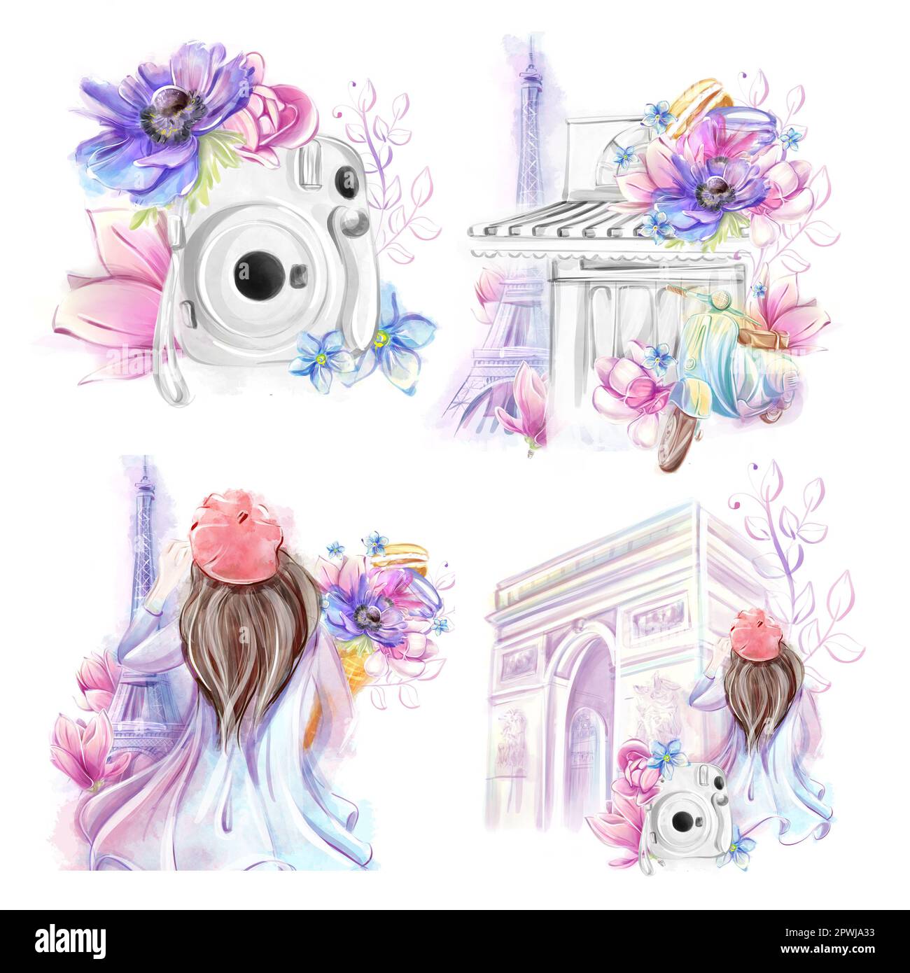 Clipart aquarelle. Un ensemble d'illustrations sur le thème du voyage en France. Architecture, fleuriste, boulangerie, fille, caméra instantanée, photos, moments. Banque D'Images