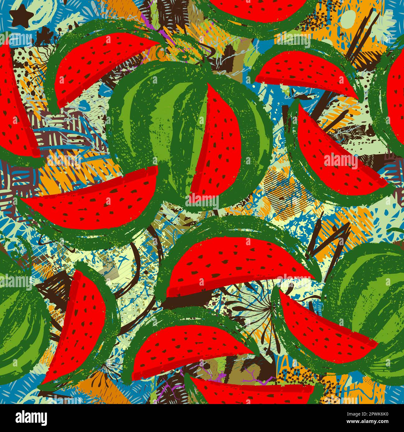 Motif vectoriel fruité sans couture avec peinture aquarelle morceaux de pastèque texturés. Arrière-plan rayé. Illustration de Vecteur