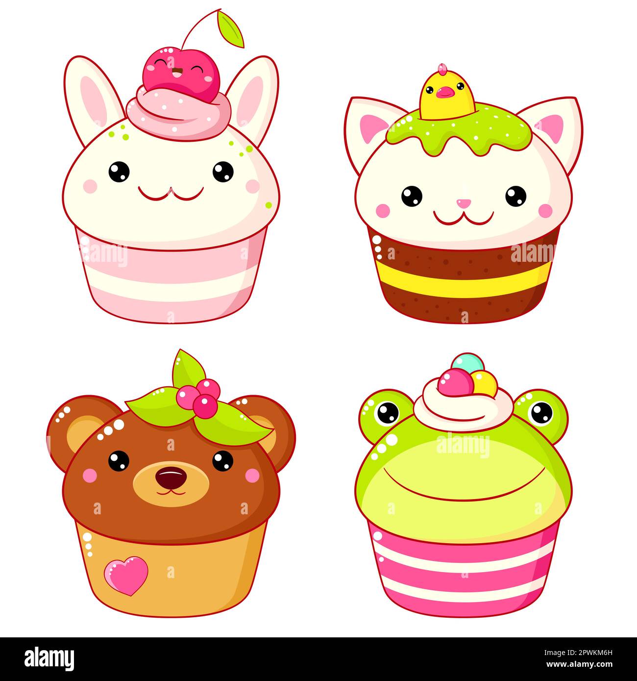 Ensemble de desserts doux en forme d'animaux dans le style kawaii. Gâteau, muffin et cupcake à la crème fouettée et aux baies. Grenouille, ours, lapin et chat. Vecteur Ill Banque D'Images