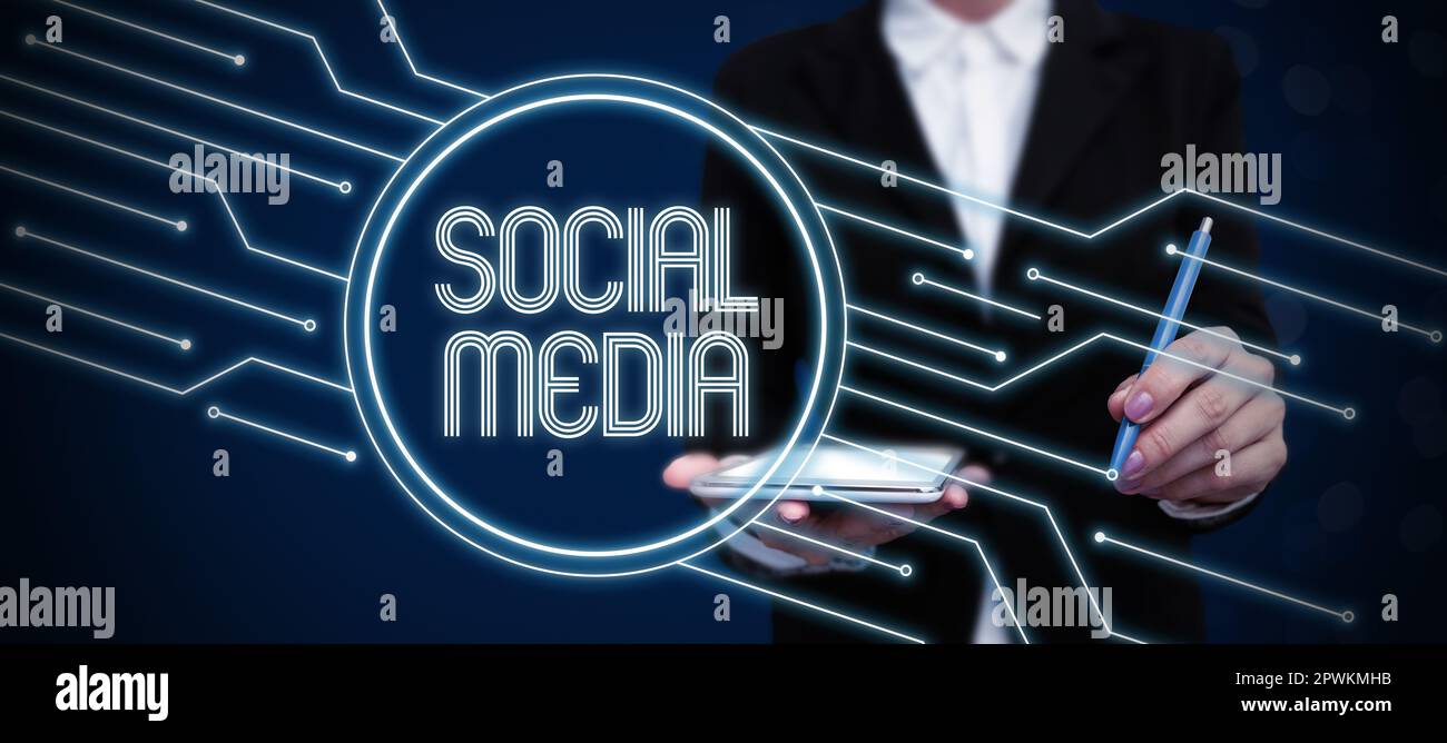 Légende de texte présentant les médias sociaux, concept d'Internet canal de communication en ligne réseau microblogging Banque D'Images