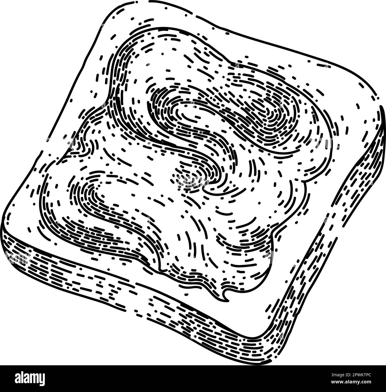 pâte de chocolat toast tirée à la main. tartiner la crème, pain noisette, bol, cuillère à couteau, pâte de chocolat beurre noisette toast vector sketch. noir isolé Illustration de Vecteur