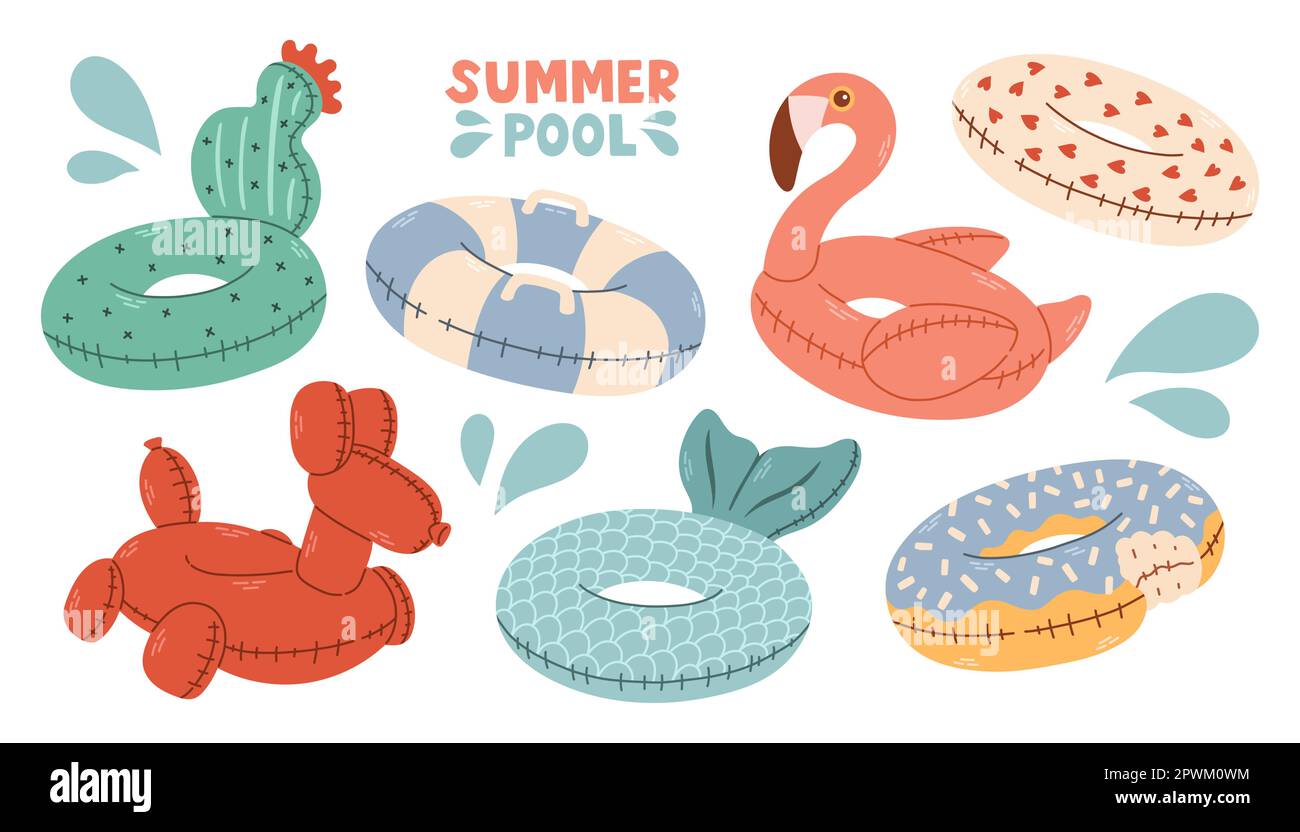 Ensemble d'anneaux en caoutchouc pour piscine d'été. Jeu de bagues de natation sur fond blanc. Jouet gonflable en caoutchouc pour l'eau et la plage. Illustration de Vecteur