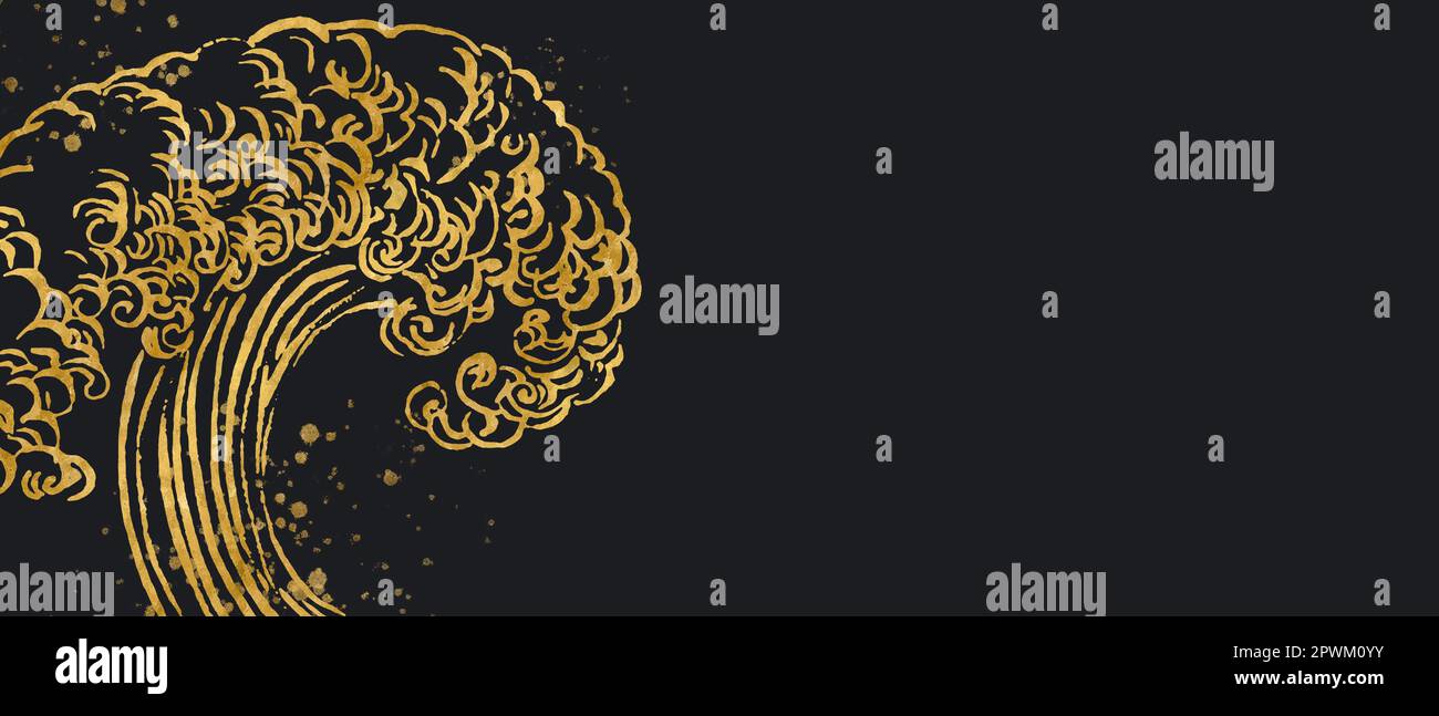 Illustration abstraite d'une vague japonaise traditionnelle en or sur fond noir. Modèle horizontal de style asiatique foncé avec espace de copie Banque D'Images