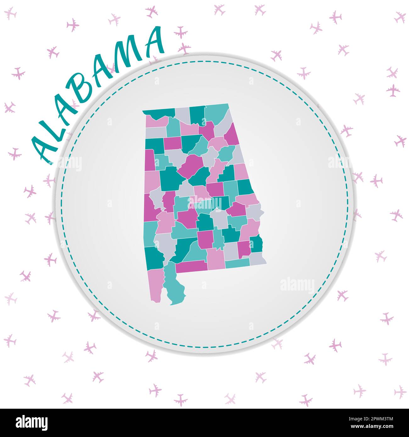 Motif plan Alabama. Carte de l'état US avec les régions dans la palette de couleurs émeraude-améthyste. Voyage arrondi à l'affiche Alabama avec nous nom d'état et airpla Illustration de Vecteur