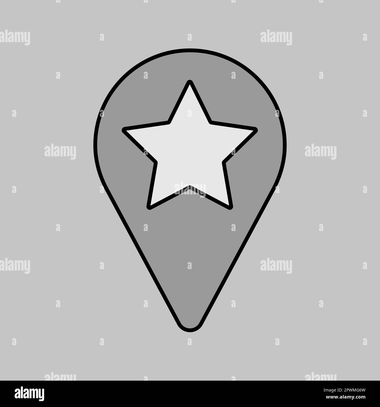 Icône en niveaux de gris isolée de la carte des broches favorite en étoile. Pointeur de carte. Marqueurs de carte. Panneau de navigation. Symbole graphique pour le site Web et la conception d'applications de voyage et de tourisme Banque D'Images