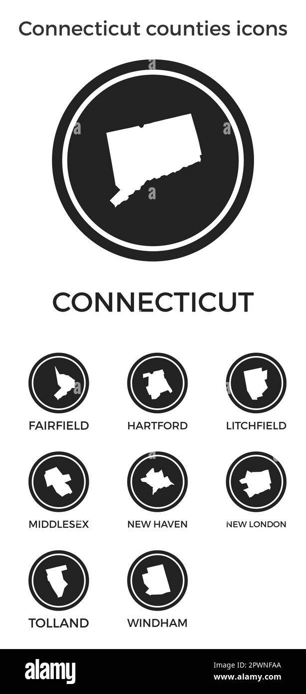 Icônes des comtés du Connecticut. Logos ronds noirs avec cartes et titres des États-Unis. Illustration vectorielle. Illustration de Vecteur