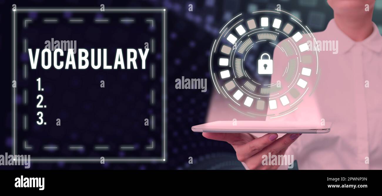 Inspiration montrant le vocabulaire des signes, mot écrit sur la collection de mots et de phrases par ordre alphabétique et expliqué ou défini Banque D'Images