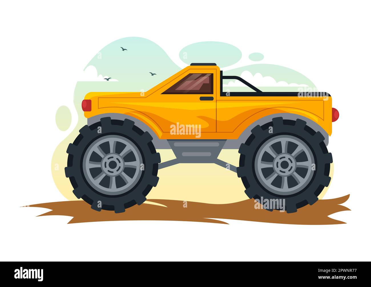 Illustration tout-terrain avec une voiture Jeep ou un vus pour traverser le terrain rocheux, les rivières et le sable dans des modèles tirés à la main de dessin de dessin de dessin animé Banque D'Images