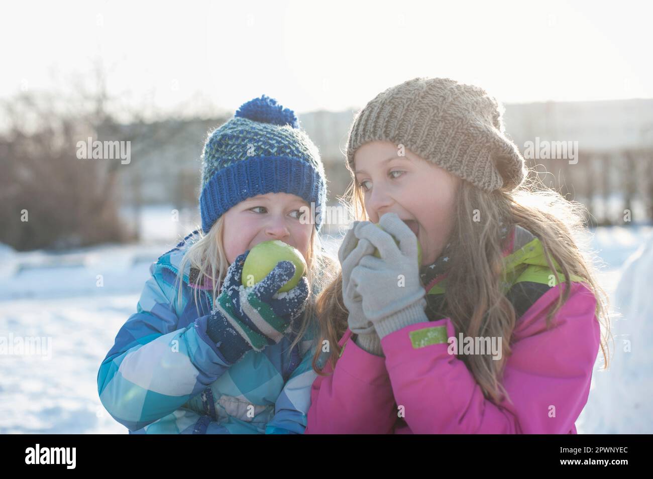 Les enfants mangent de la pomme verte sur le champ de neige Banque D'Images