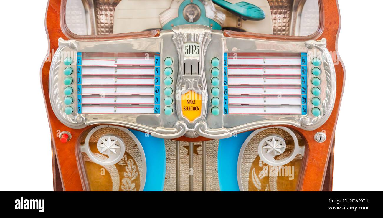 Juke-box décoratif vintage et coloré, isolé sur fond blanc Banque D'Images
