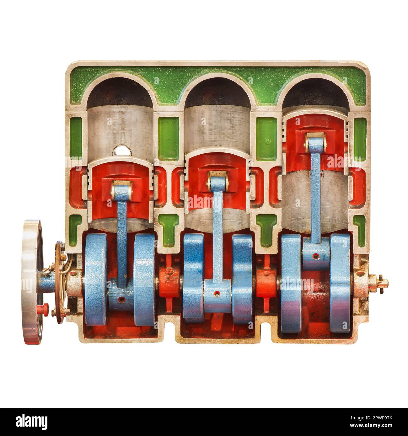 Modèle ouvert vintage d'un moteur de voiture classique avec pistons utilisés à des fins éducatives Banque D'Images