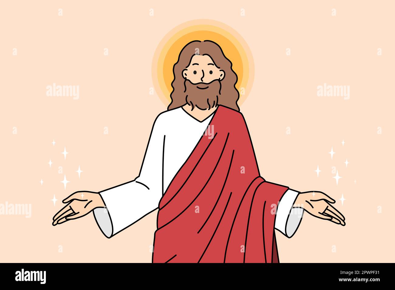 Les mains extensibles de Jésus Christ accueillent les croyants. Dieu envoyer partager l'amour et la protection aux gens. Religion et foi. Illustration vectorielle. Banque D'Images