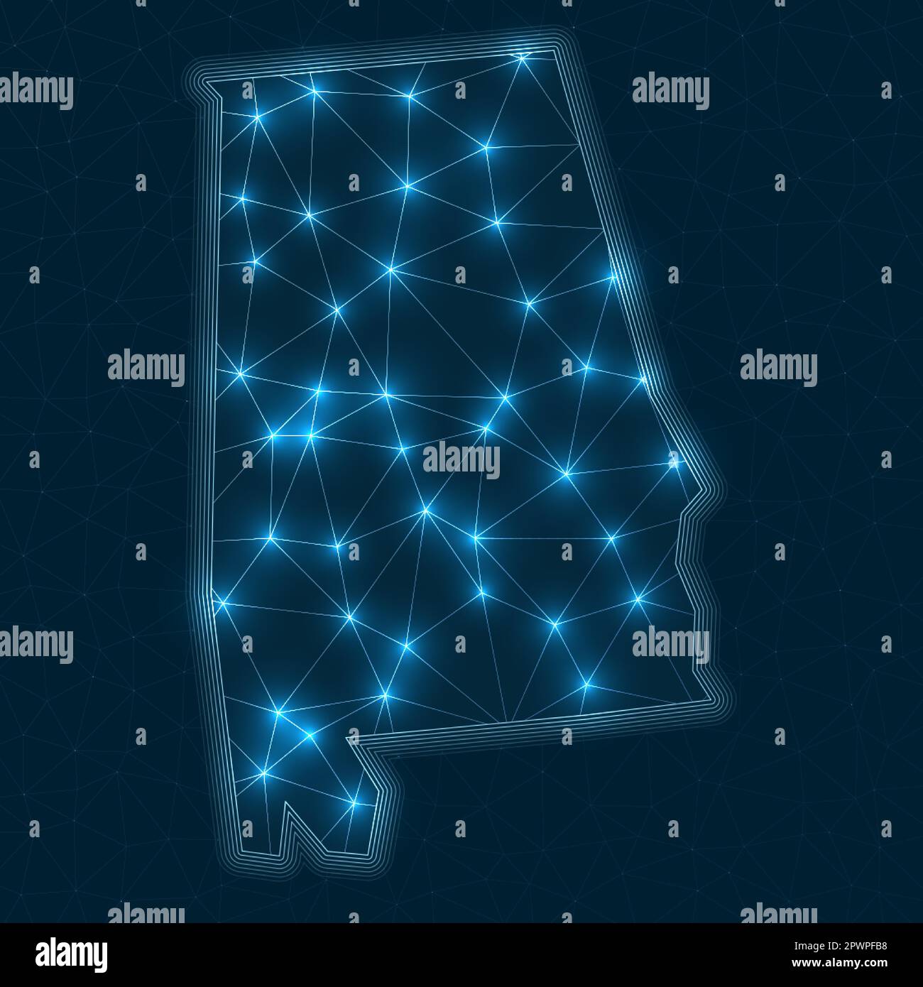 Carte réseau Alabama. Carte géométrique abstraite de l'état US. Connexions numériques et conception des télécommunications. Réseau Internet lumineux. Incroyable v Illustration de Vecteur