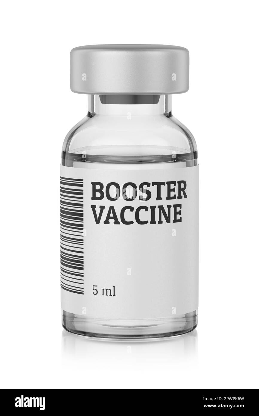 Vaccin à dose de rappel dans un flacon en verre isolé sur fond blanc. 3d illustration du rendu. Banque D'Images