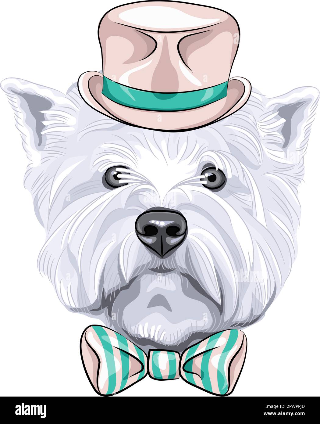 Dessin vectoriel gros plan portrait d'un chien sérieux West Highland White Terrier race dans un chapeau en soie beige et noeud papillon Illustration de Vecteur