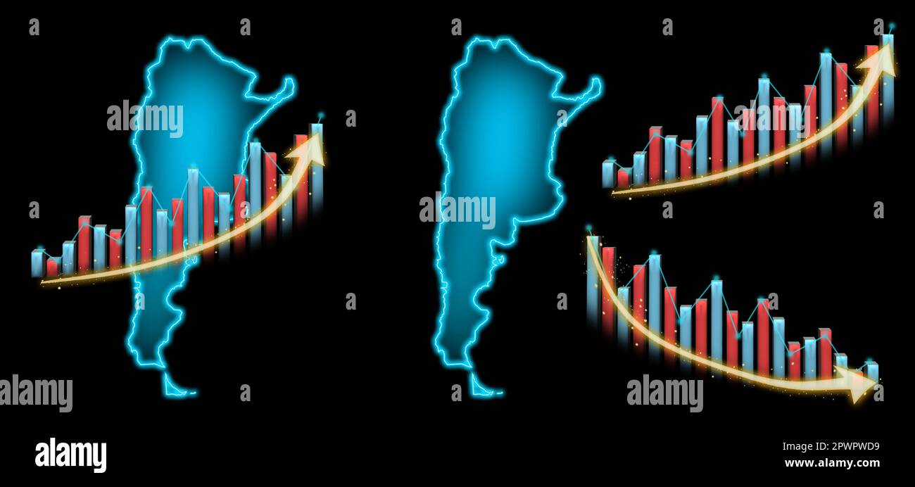 carte de l'argentine lueur bleue avec le graphique de l'inflation augmenter et vers le bas. Augmentation ou baisse de la Bourse Banque D'Images carte de l'argentine lueur bleue avec le graphique de l'inflation augmenter et vers le bas. Augmentation ou baisse de la Bourse Banque D'Images