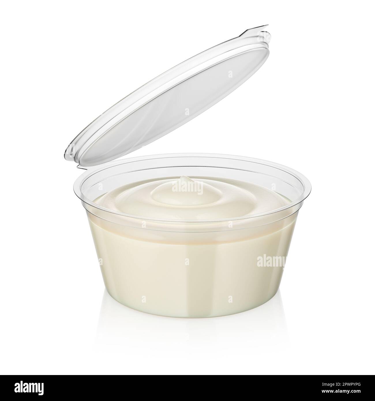 Ouvrir le récipient de sauce mayo pour sauce rapide isolée sur blanc. 3D illustration du rendu. Banque D'Images