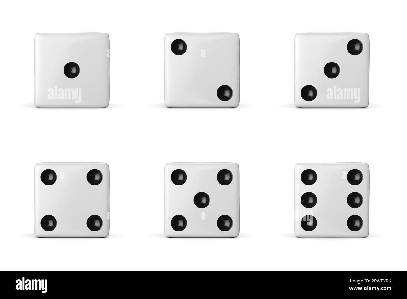 Jeu de six dés blancs en vue de face avec des points noirs différents numéros. 3d illustration du rendu. Banque D'Images Jeu de six dés blancs en vue de face avec des points noirs différents numéros. 3d illustration du rendu. Banque D'Images