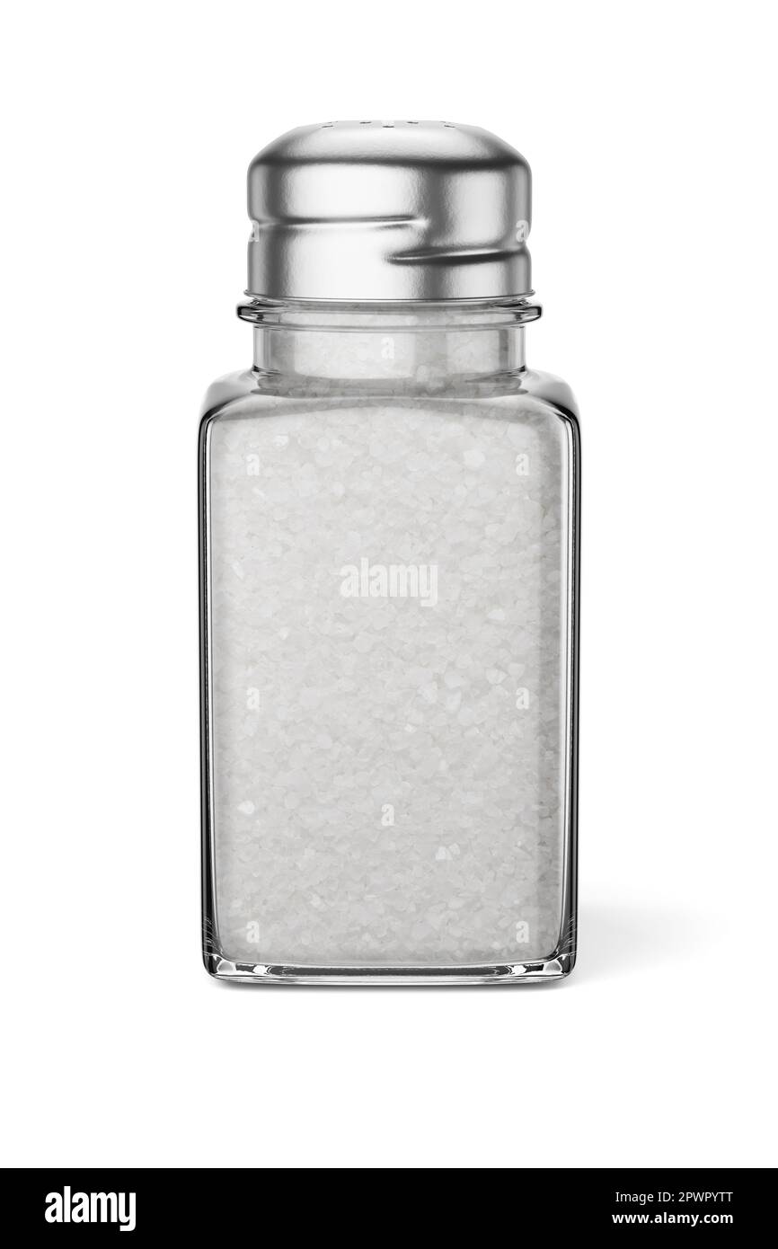 Pot de sel rugueux transparent isolé sur fond blanc. 3d illustration du rendu. Banque D'Images