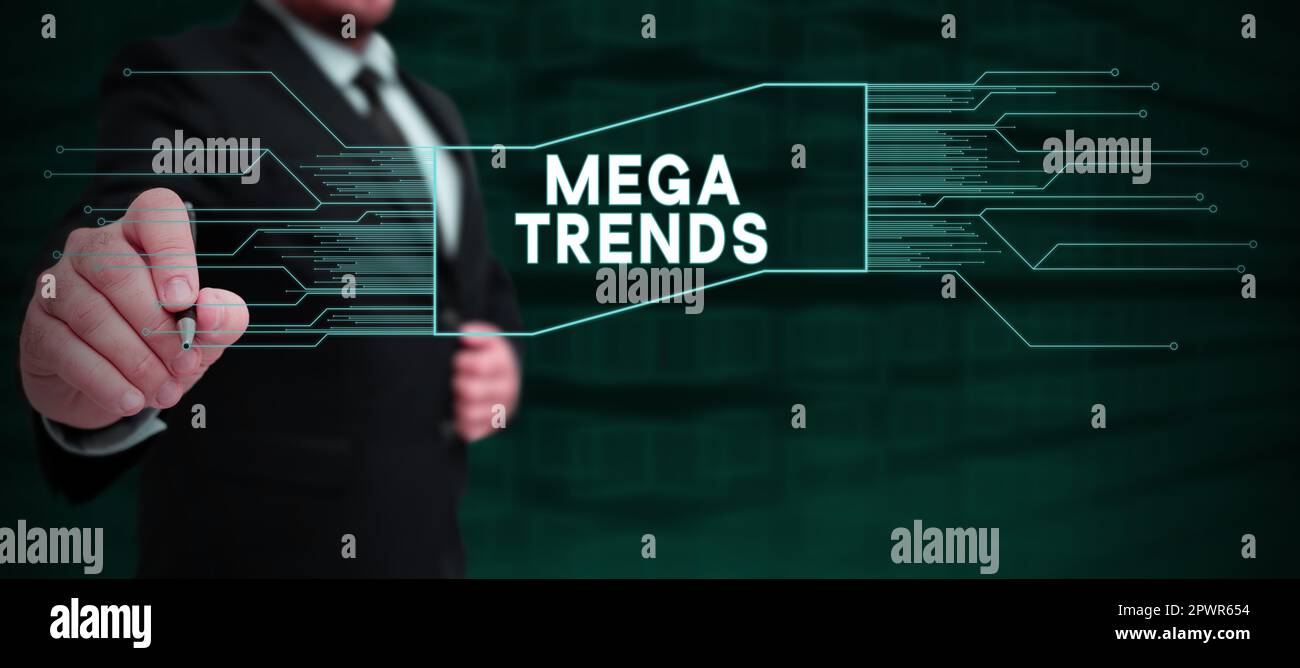 Légende du texte présentant les grandes tendances, vue d'ensemble de l'entreprise des phénomènes puissants qui ont un impact sur les fondations de notre monde Banque D'Images