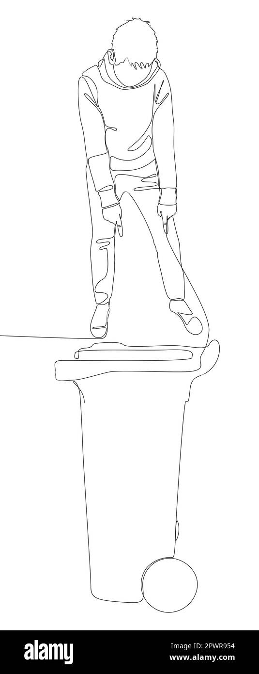 Une ligne continue de l'homme pointant avec le doigt vers la poubelle. Concept de vecteur d'illustration à trait fin. Dessin de contour idées créatives. Illustration de Vecteur