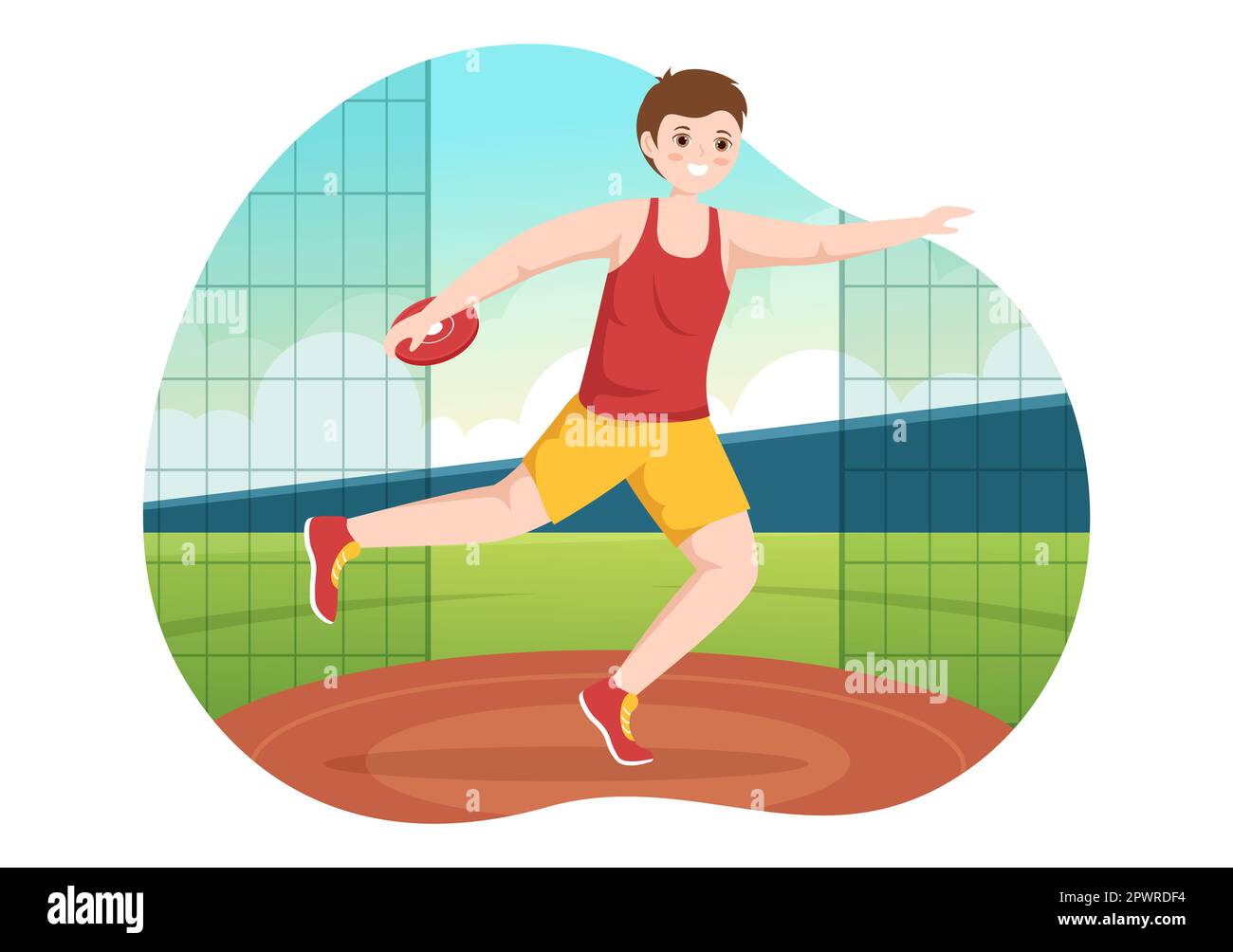Discus lancer jouer Athletics Illustration avec jeter une plaque en bois dans le championnat de sport Flat Cartoon Templates dessinées à la main Banque D'Images