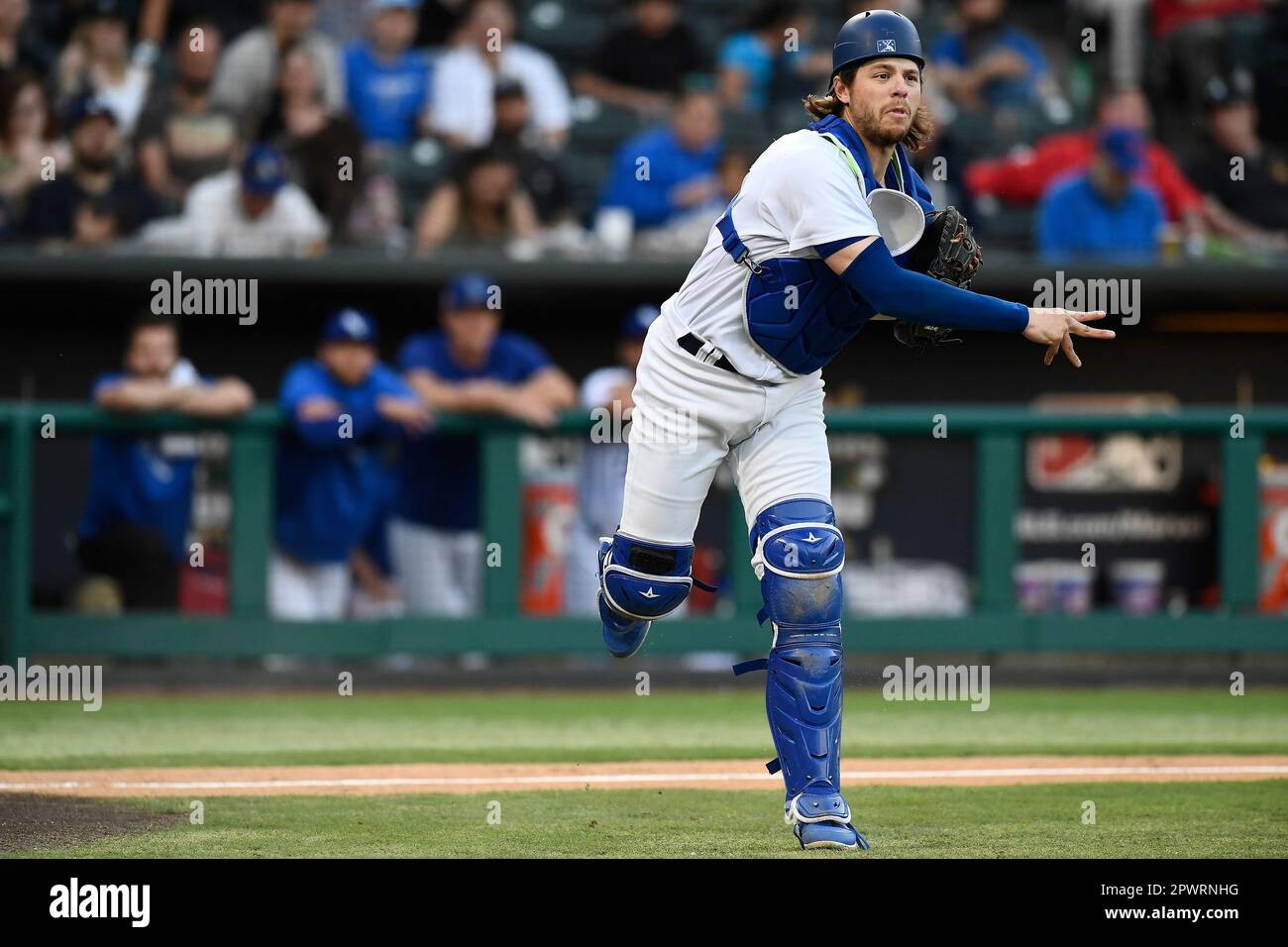 Catcher Hunter Feduccia (9) of the Oklahoma City Dodgers throws to