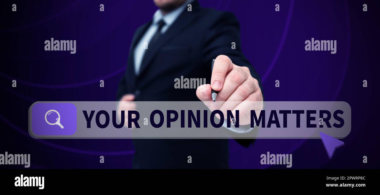 Légende conceptuelle votre opinion compte, mot pour avoir votre mot pour fournir une précieuse contribution à améliorer Banque D'Images