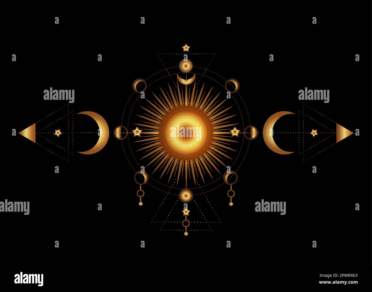 Cercle d'une lune phases et Soleil radieux, géométrie sacrée d'or. Triple lune païen symbole de la déesse wiccan. Soleil d'or mystique, astrologie, alchimie, boho Illustration de Vecteur