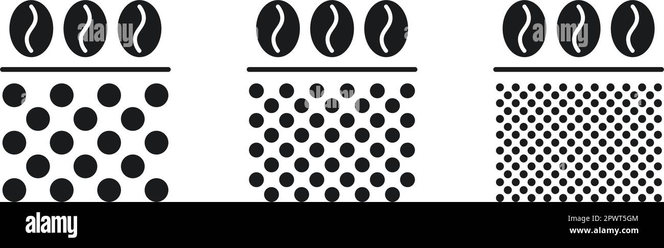 Taille de la mouture du café. Grains de café moulus. Icônes de degré de broyage fin, moyen et grossier. Illustration vectorielle isolée sur fond blanc Illustration de Vecteur