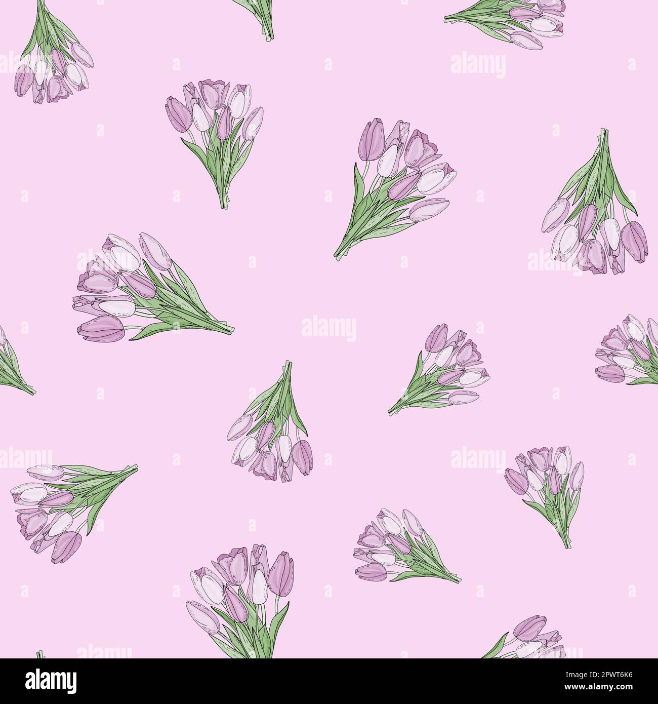 Motif vectoriel dessiné à la main sans couture d'un bouquet isolé de tulipes roses avec des feuilles en style doodle Illustration de Vecteur