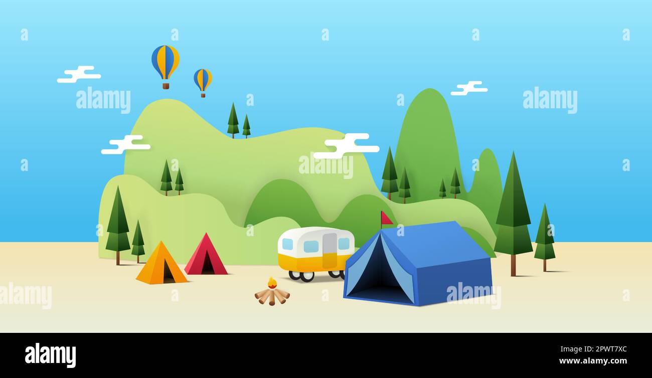 Concept de la Wanderlust, voyage, et aventure de camping. Camp touristique de dessin animé avec aire de pique-nique et tente au milieu de la forêt, paysage de montagne. Arrière-plan d'été. Illustration vectorielle de style plat. Illustration vectorielle Illustration de Vecteur