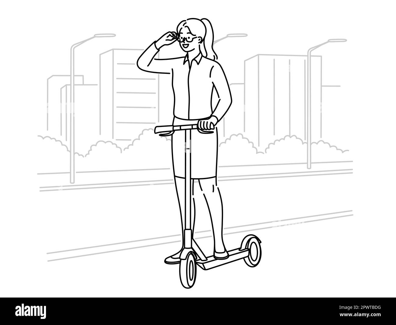 Femme d'affaires conduisant un scooter sur la route. Une femme souriante s'amuse à conduire sur son véhicule. Illustration vectorielle. Banque D'Images