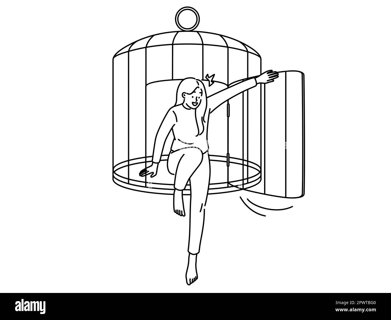 Bonne jeune femme échapper cage atteindre la liberté. Une fille souriante quitte l'emprisonnement commence une nouvelle vie libre. Liberté et freelance. Illustration vectorielle. Banque D'Images