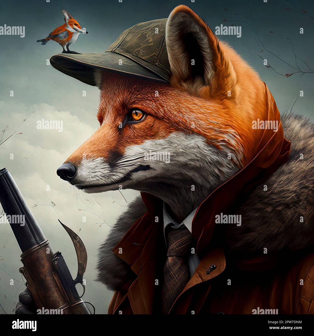 Concept Art Anthropomorphic Fox portant un manteau de chasseur et tenant un  fusil. Petit oiseau renard debout sur son chapeau Photo Stock - Alamy