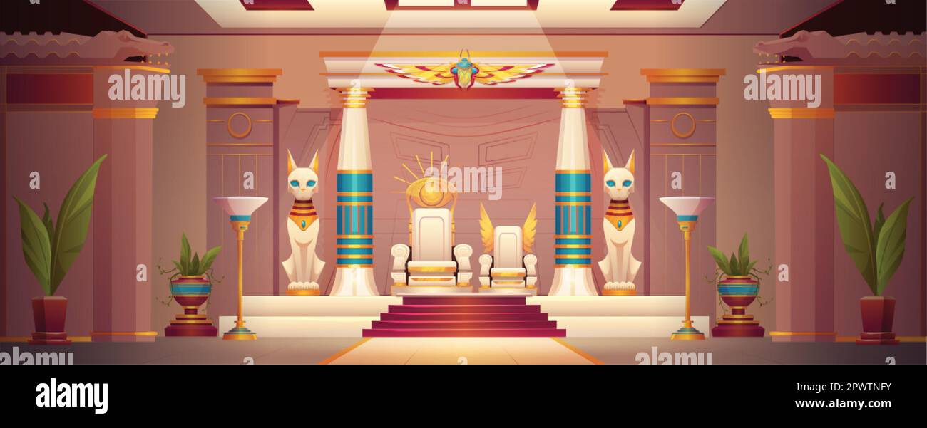 Ancien trône de pharaon égyptien à l'intérieur du palais. Toile de fond du dessin animé du temple d'Égypte avec statue de dieu et illustration d'ornement mythologique. Cat, scarabée a Illustration de Vecteur