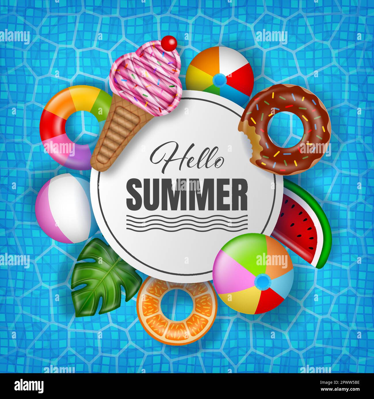 Arrière-plan d'été avec des jets colorés sur l'eau de la piscine. Affiche d'été avec anneaux de natation flottants, radeaux de piscine et ballons de plage Illustration de Vecteur