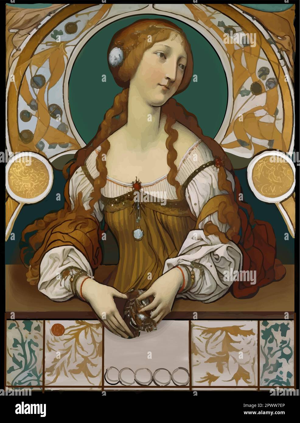Femme à la Renaissance aux cheveux rouges, style Alphonse Mucha, art nouveau Illustration de Vecteur