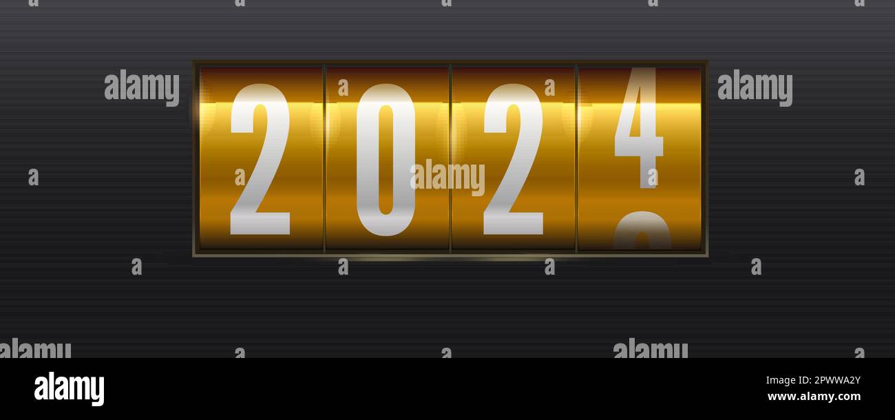 Bonne année 2024. Compte à rebours mécanique sur fond noir