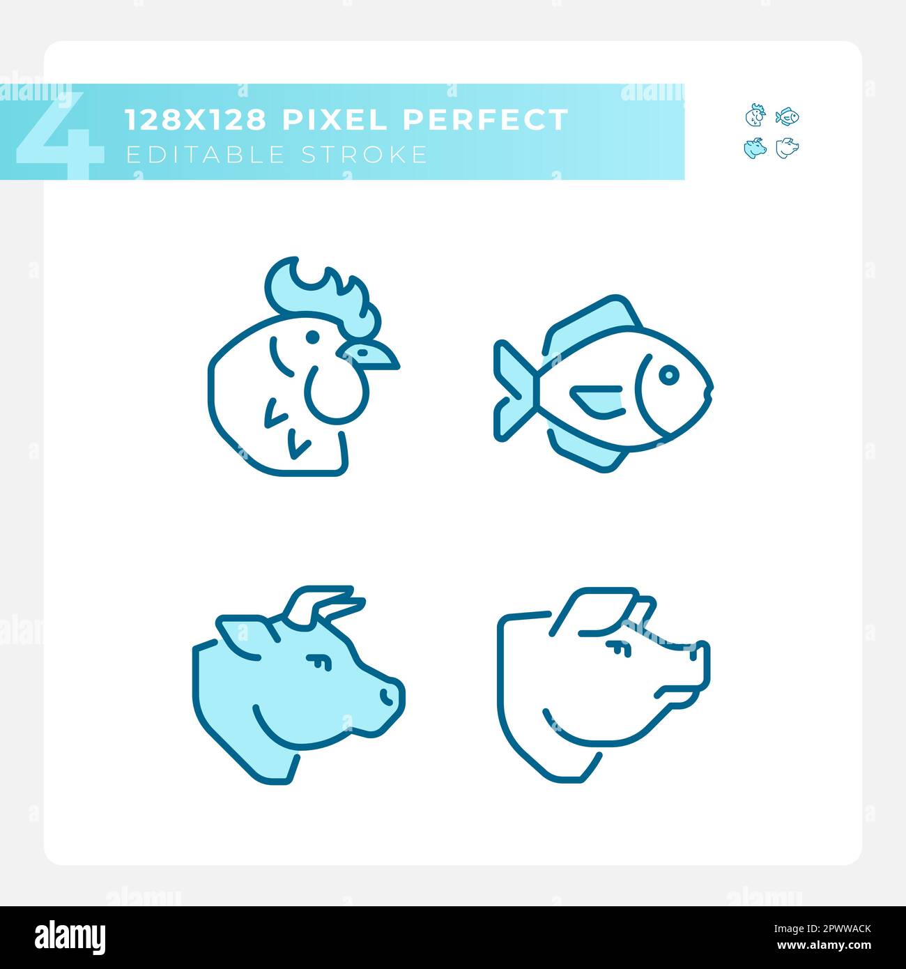 Produits de viande et de poisson pixel Perfect bleu RVB jeu d'icônes de couleur Illustration de Vecteur