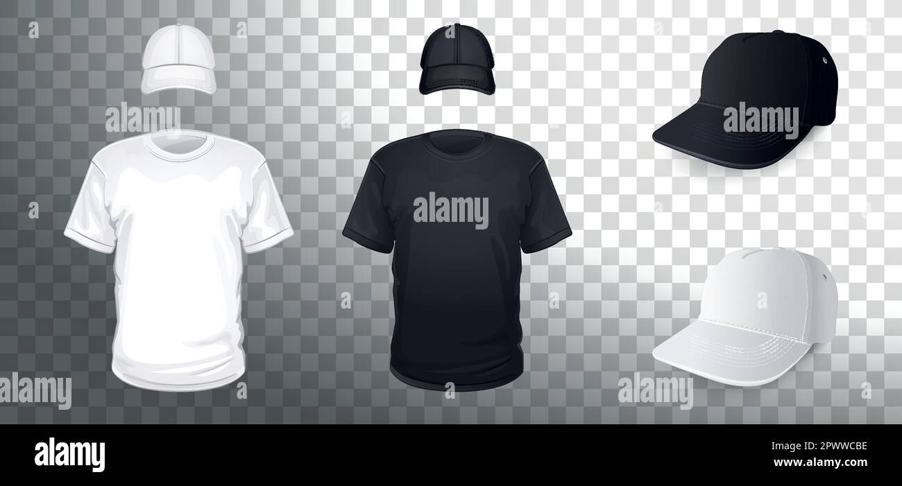 T-shirts blancs et noirs avec casquettes sur fond transparent Illustration de Vecteur