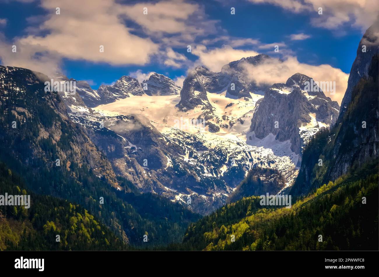 Magnifique paysage de montagne en Autriche. Vue sur Hoher Dachstein depuis le lac Vorderer Gosausee dans les Alpes autrichiennes. Banque D'Images