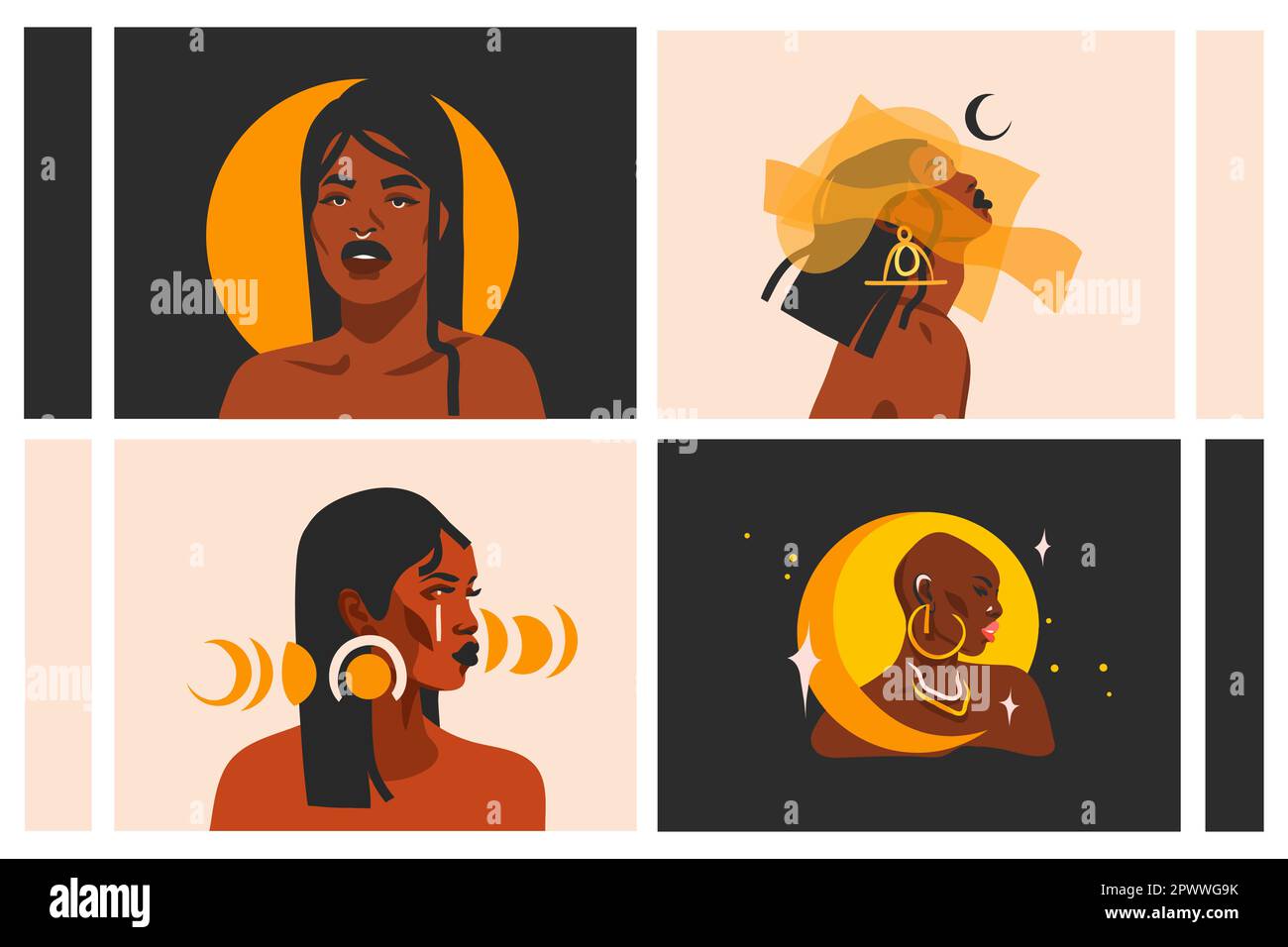 Ensemble de collection d'illustrations graphiques abstraites dessinées à la main avec ethnique tribale noir magnifique afro-américaine femmes, soleil et lune magique Illustration de Vecteur